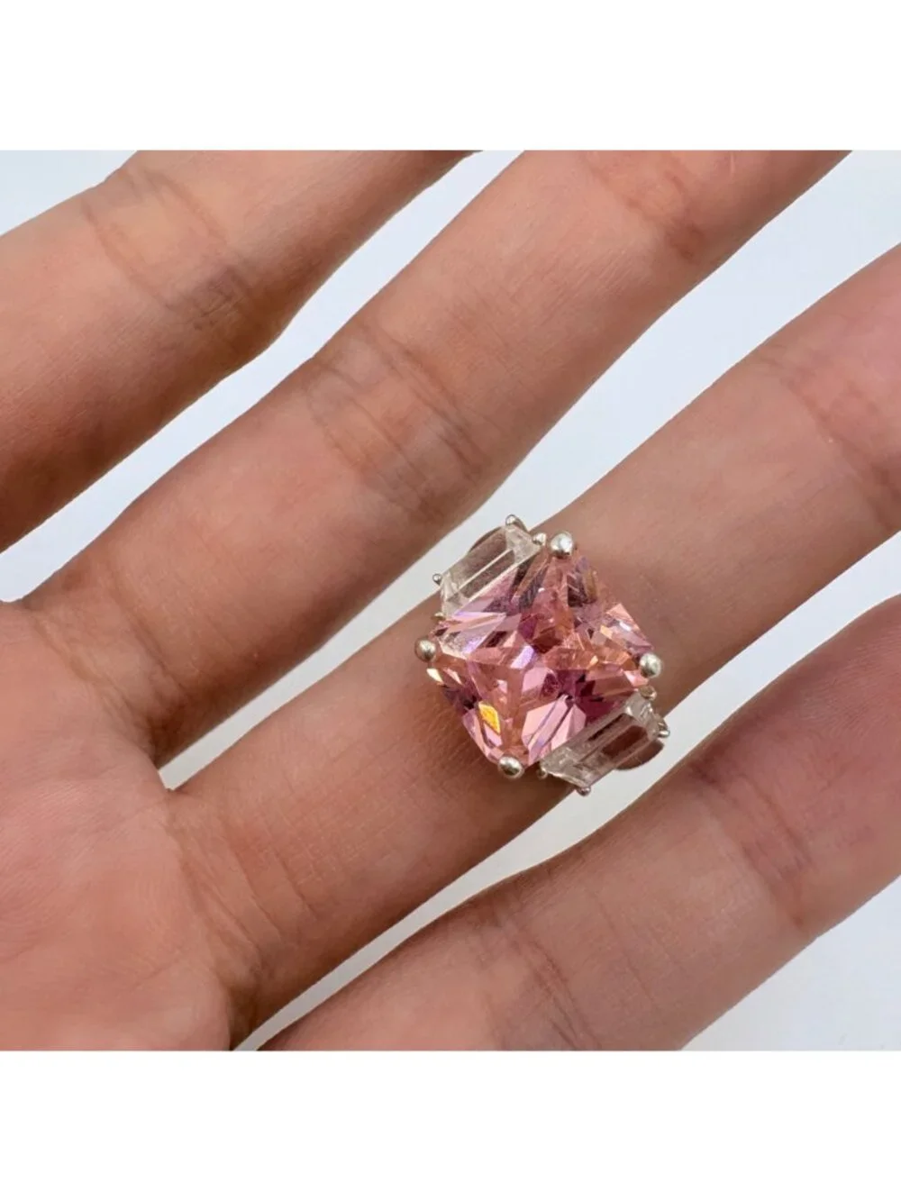 Pink & White Cubic Zirconia Statement Ring Sterling Silver 925 Size 6